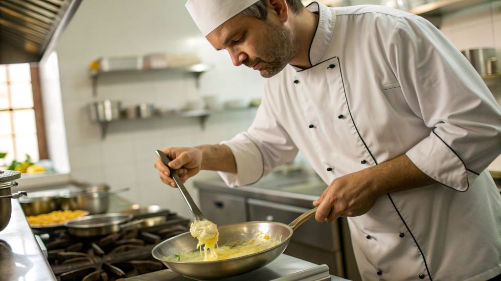 Professional chef cooking with margarine on a stainless steel pan, demonstrating expert techniques for perfect results