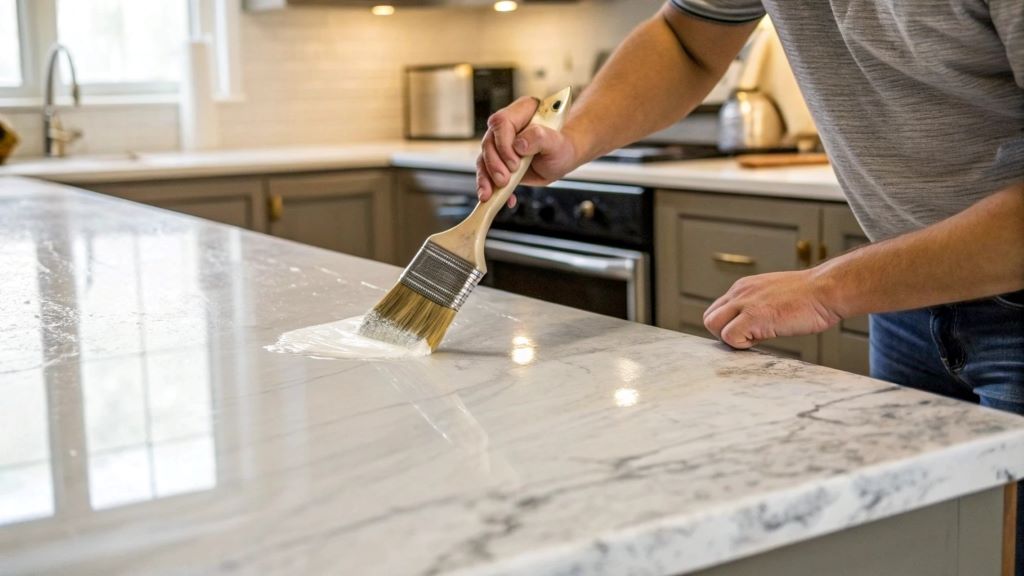 Person painting laminate kitchen countertops with a brush, transforming the surface without a full renovation