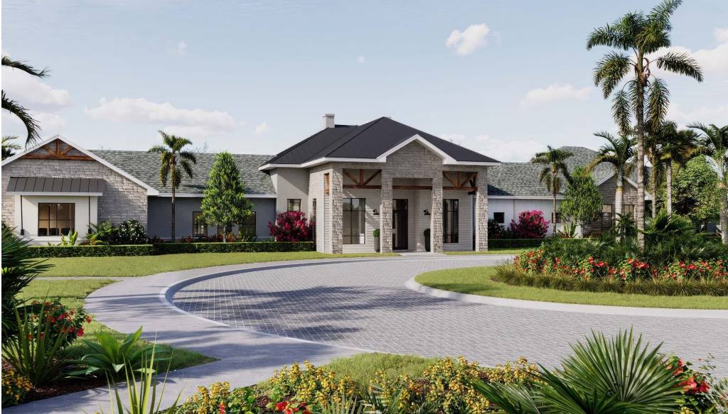 Modern Lennar single-family home exterior in a Miami master-planned community with palm trees and pool in background