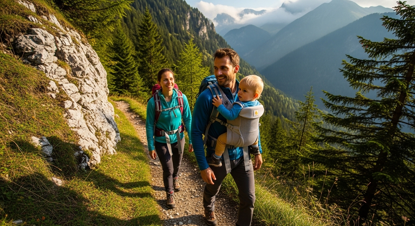 Family hiking with toddler in back carry position using breathable mesh ergonomic baby carrier.
