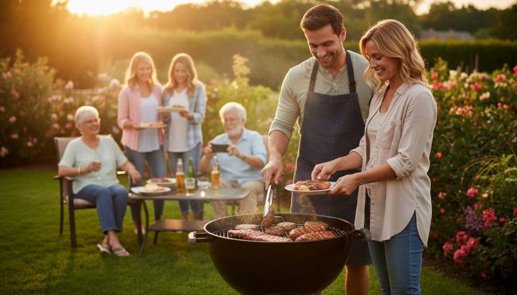 Family gathered around a glowing Weber 22-inch Kettle grill cooking burgers and ribs at sunset