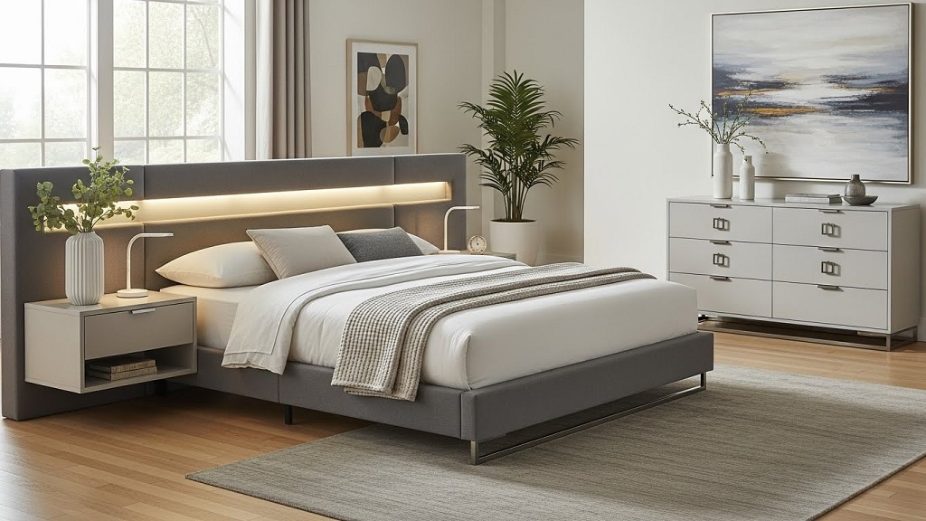 Modern queen bedroom set with platform bed and nightstands
