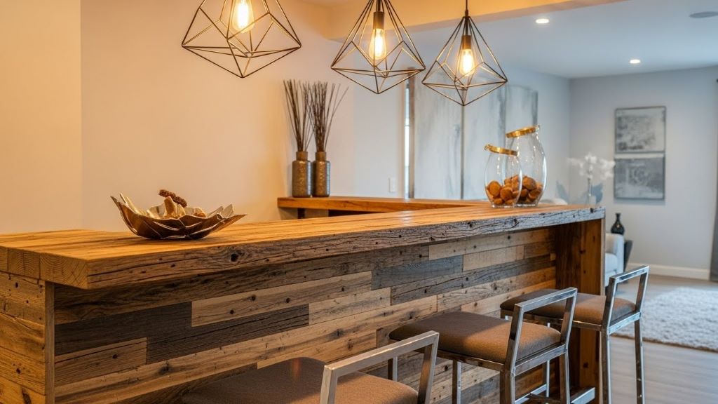 Rustic reclaimed wood bar counter with modern chrome bar stools and geometric pendant lighting in contemporary home setting