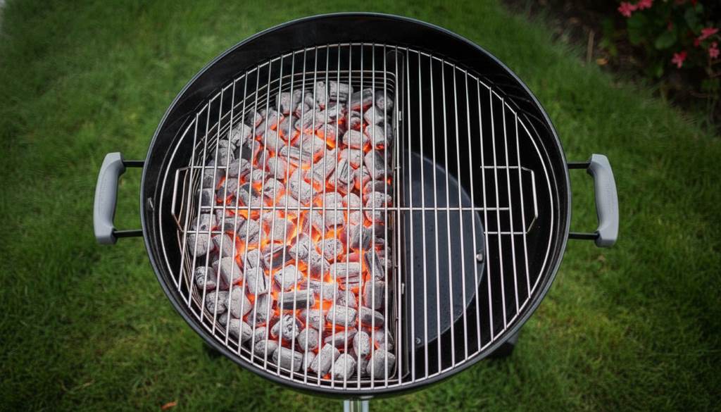 Overhead view of perfectly arranged charcoal coals in a Weber Kettle creating distinct direct and indirect cooking zones