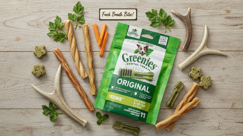 Variety of natural dental treats displayed for fresh dog breath