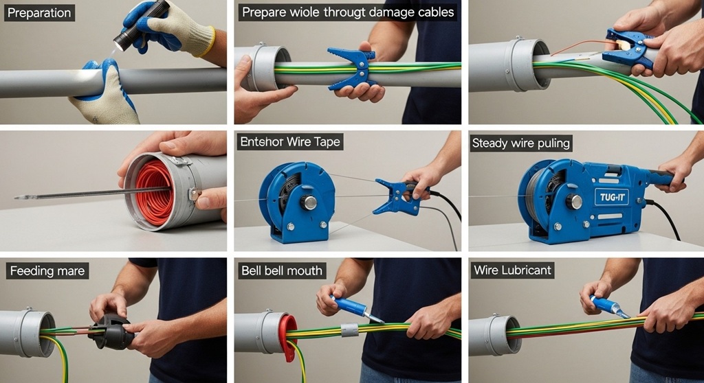 Electrician pulling wire through PVC conduit using mule tape