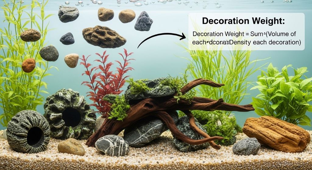 Weight calculation diagram showing components of total aquarium weight including water, substrate, and decorations