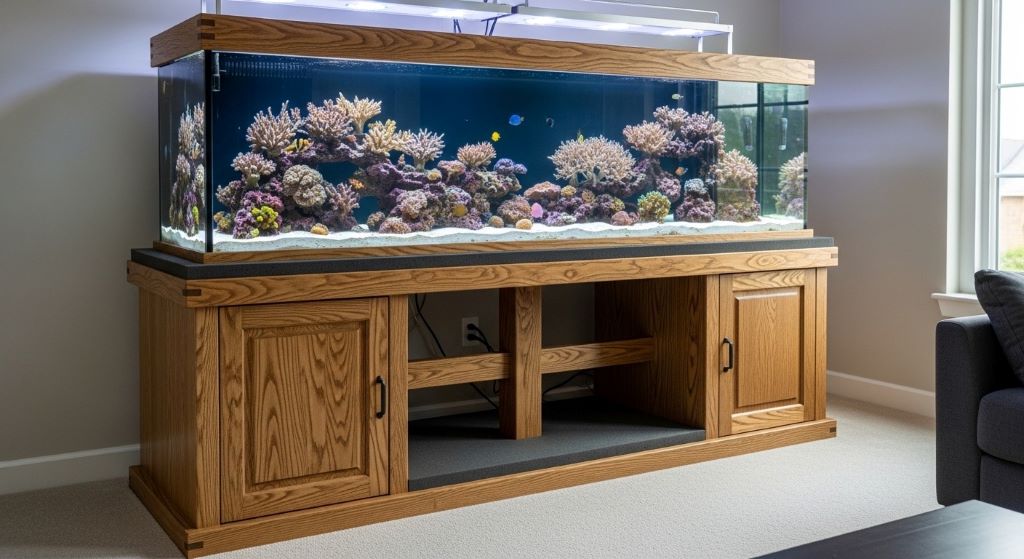 Aquarium stand supporting a large fish tank with proper weight distribution and structural support