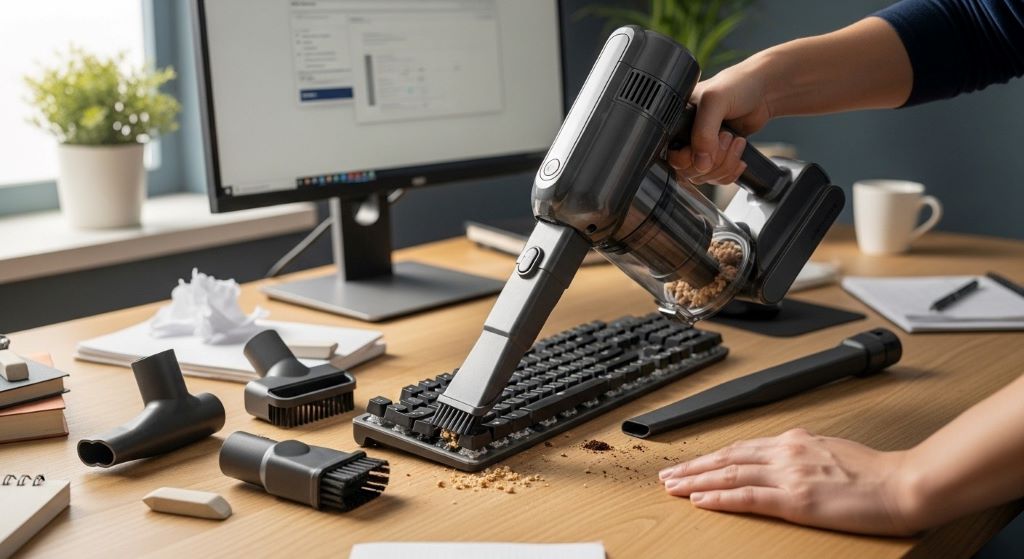 Cordless handheld vacuum with attachments cleaning desk keyboard and workspace debris