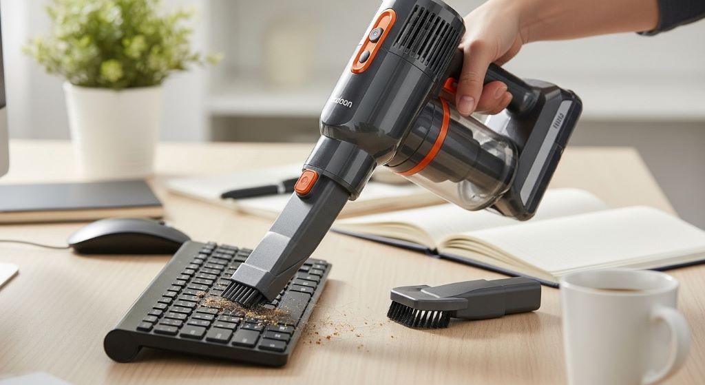 Compact mini vacuum cleaner removing crumbs from kitchen counter during quick daily cleaning