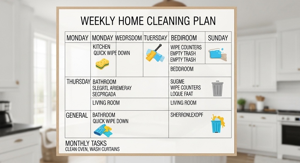 simple weekly home cleaning plan chart with daily tasks
