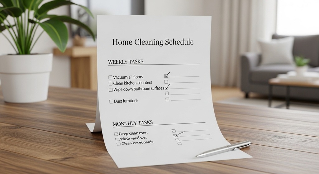 person following weekly cleaning routine at home