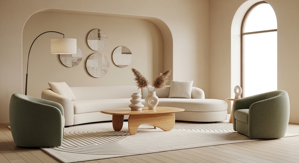 Small apartment decorated using curved furniture pieces