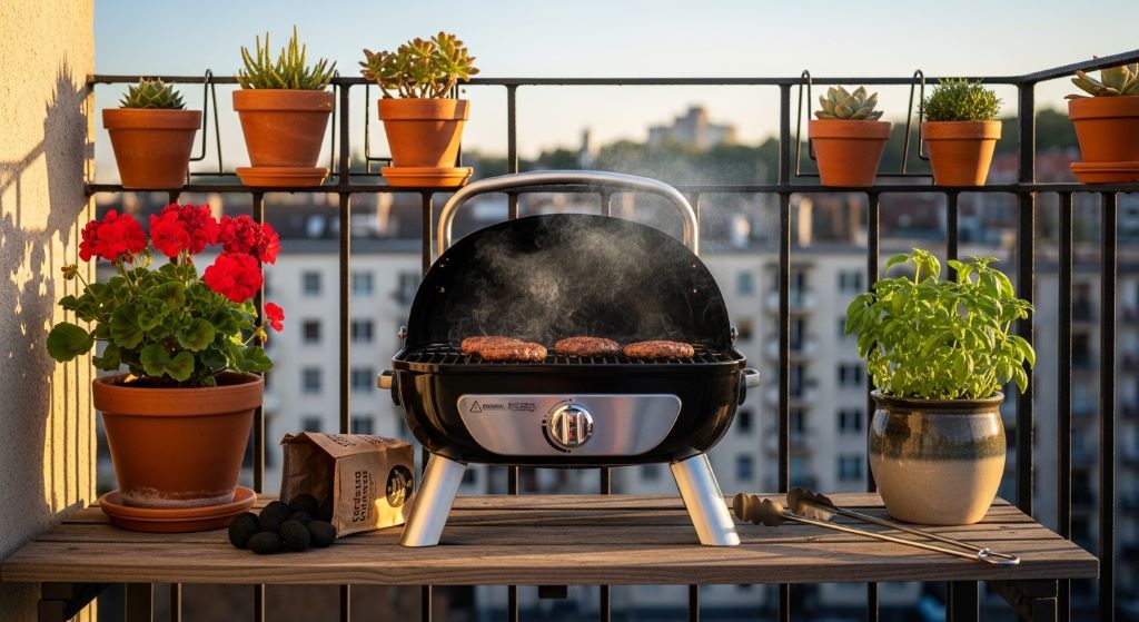 Compact tabletop propane grill set up on a narrow outdoor terrace with potted plants