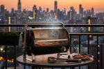 Small electric grill placed on an apartment balcony with city view in the background