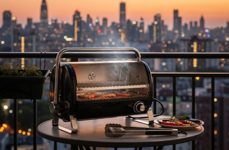 Small electric grill placed on an apartment balcony with city view in the background