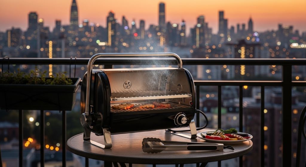 Small electric grill placed on an apartment balcony with city view in the background