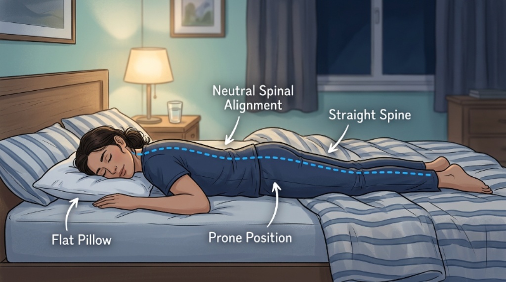 Side view illustration of a stomach sleeper using a flat pillow to maintain proper spinal alignment during sleep