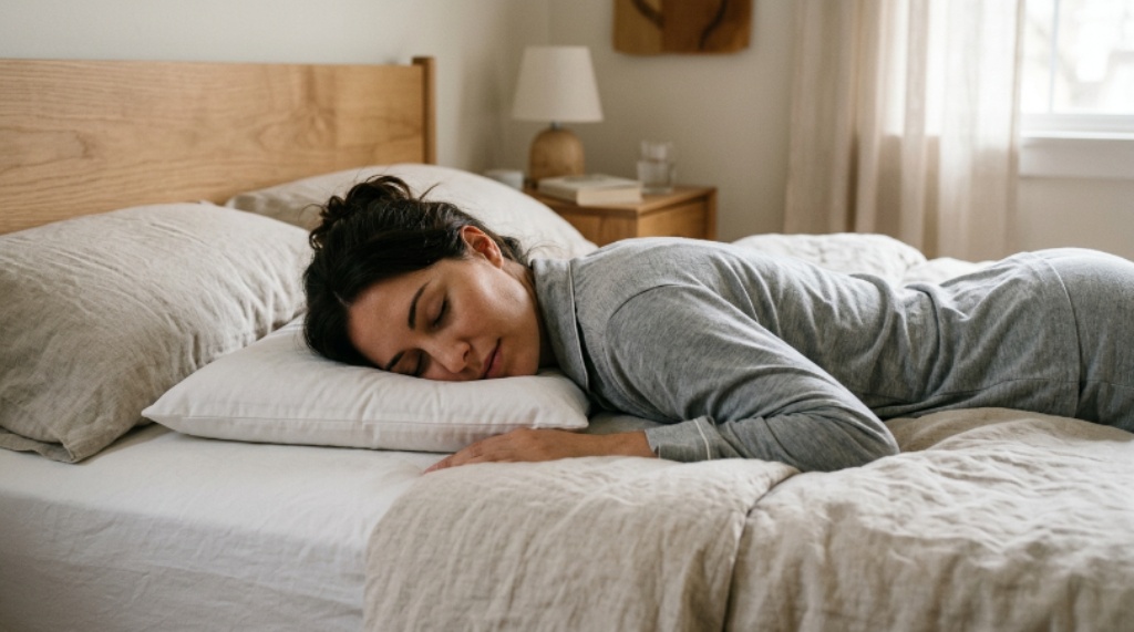 A thin, low-profile pillow on a bed shown supporting the neck of a stomach sleeper in a neutral position