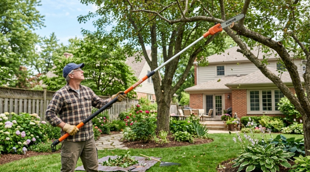 Homeowner using an affordable pole saw to trim high tree branches safely from the ground in a garden