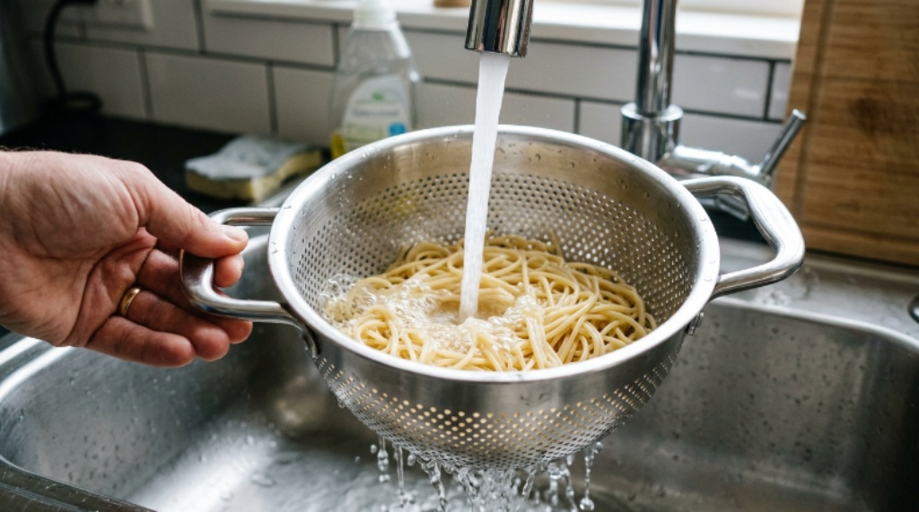 Close-up of a pasta strainer being rinsed under running water showing integrated handles and clean perforated bowl design