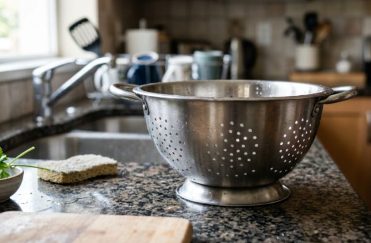 Stainless steel dishwasher-safe colander with smooth perforated holes resting on a kitchen counter after use