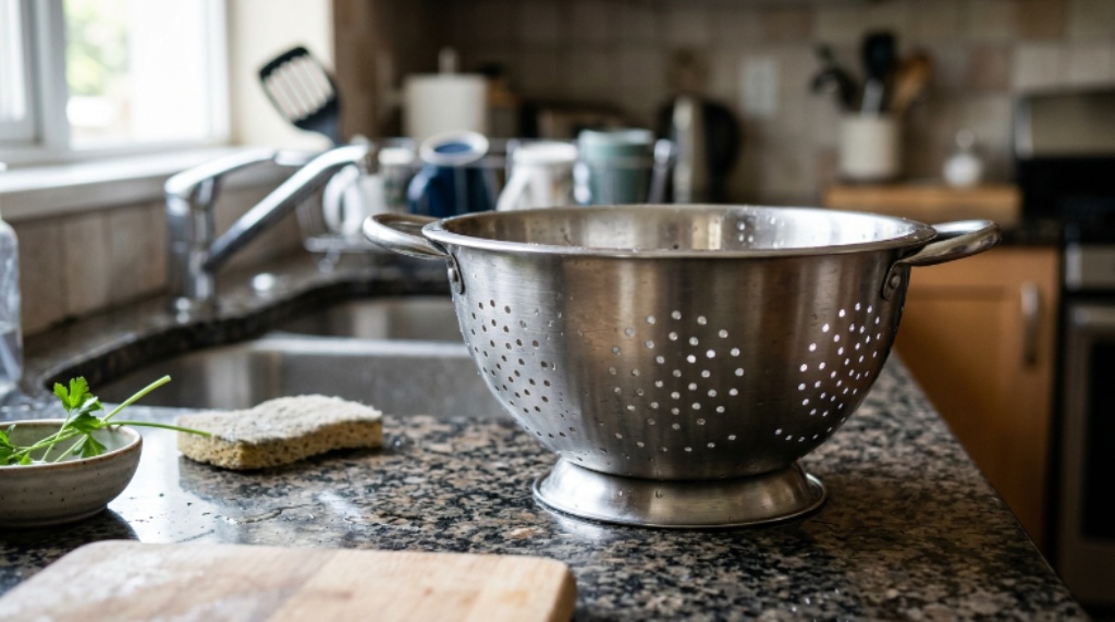 Stainless steel dishwasher-safe colander with smooth perforated holes resting on a kitchen counter after use