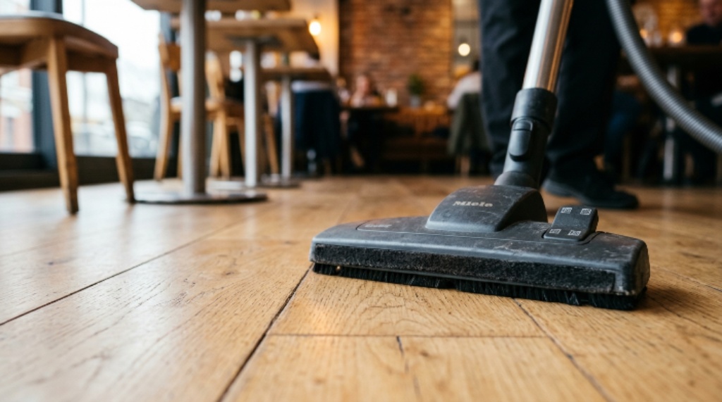 Close-up of a non-scratch vacuum head gliding over light oak restaurant flooring
