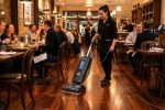 A soft brush vacuum cleaning a polished hardwood restaurant floor between dining tables