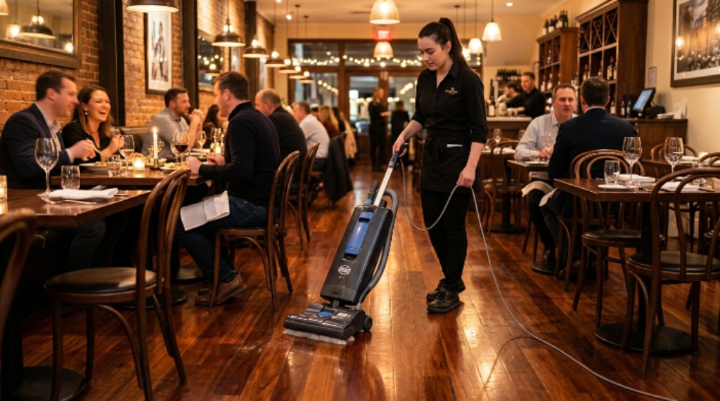 A soft brush vacuum cleaning a polished hardwood restaurant floor between dining tables