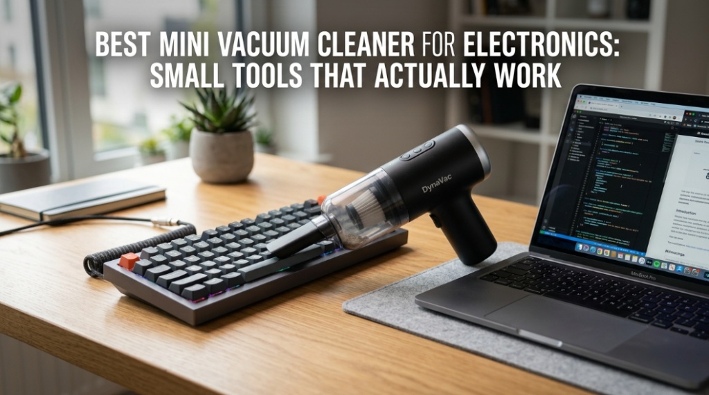 Using a mini vacuum brush to clean a computer keyboard.