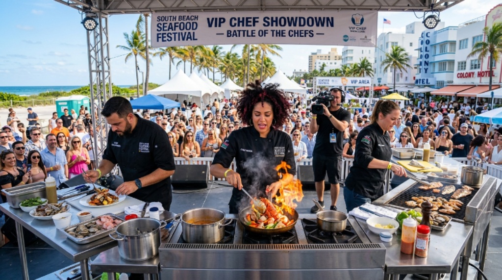 Top Miami chefs competing in a live seafood battle at the VIP Chef Showdown event during the South Beach Seafood Festival at Lummus Park, Ocean Drive