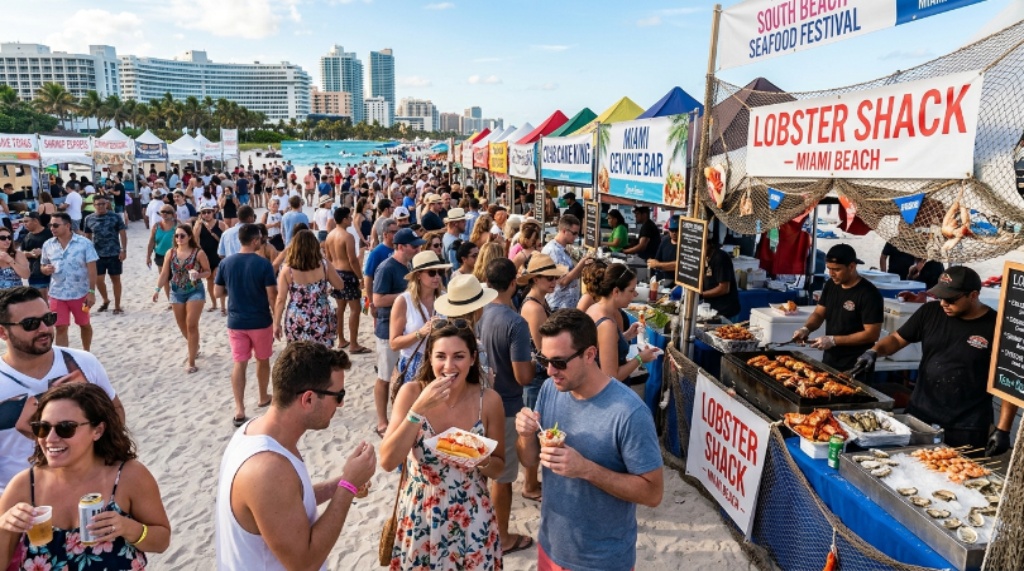 Crowds of food lovers sampling fresh seafood dishes from outdoor pop-up restaurant stations at the South Beach Seafood Festival on the sands of Miami Beach