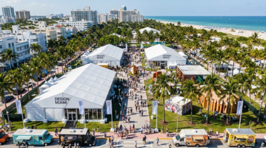 Aerial view of Design Miami 2026 fair at Pride Park in Miami Beach during Art Week