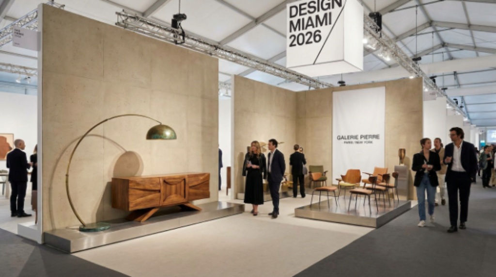 Gallery booth displaying museum-quality collectible furniture and lighting at Design Miami 2026