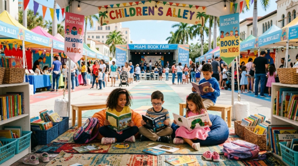 Children reading books at Children's Alley during Miami Book Fair