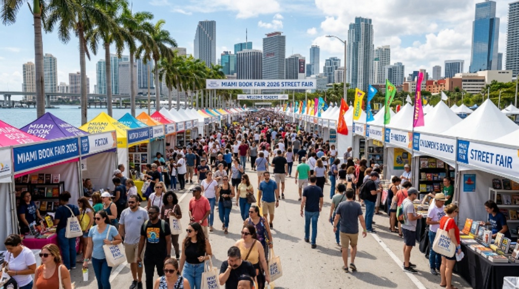 Miami Book Fair 2026 Street Fair tents and crowds in downtown Miami