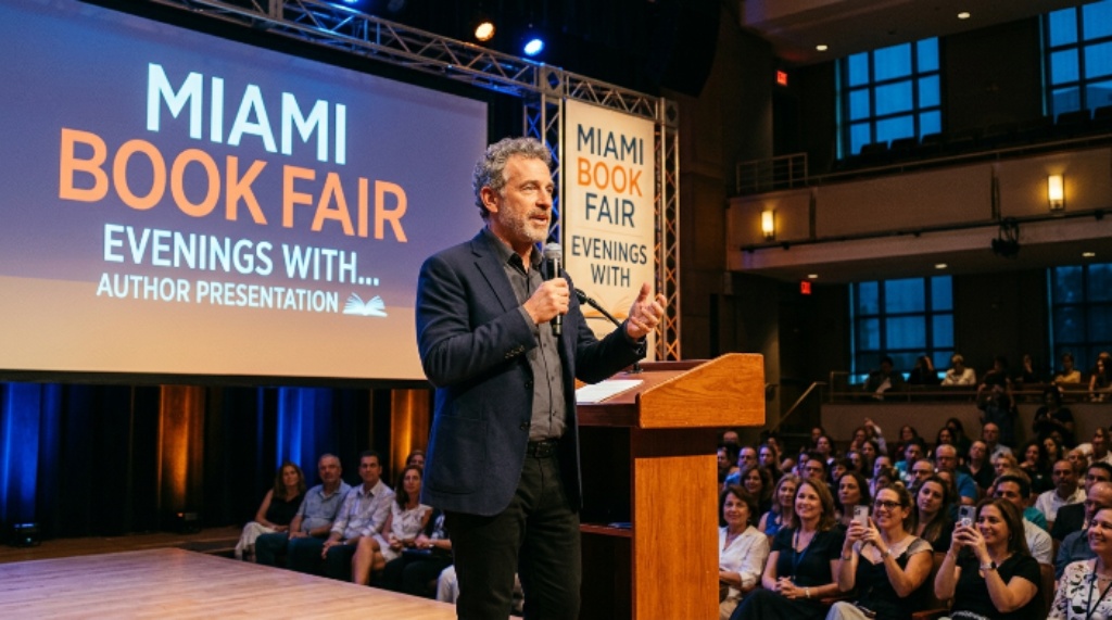 Author speaking on stage at Miami Book Fair Evenings With event