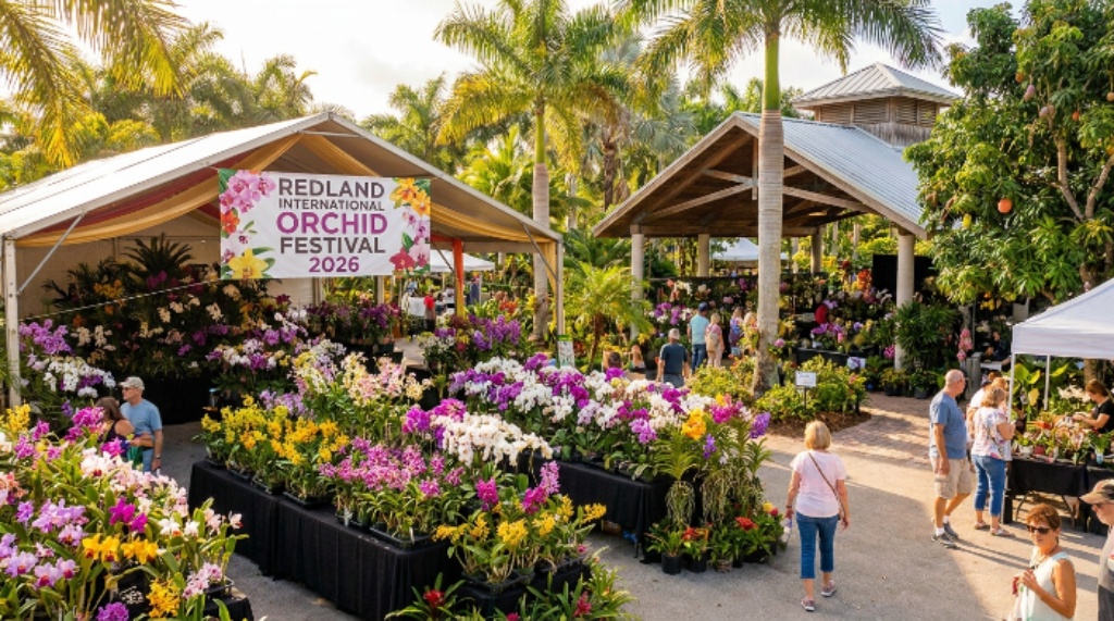 Redland International Orchid Festival 2026 colorful orchid displays at Fruit and Spice Park