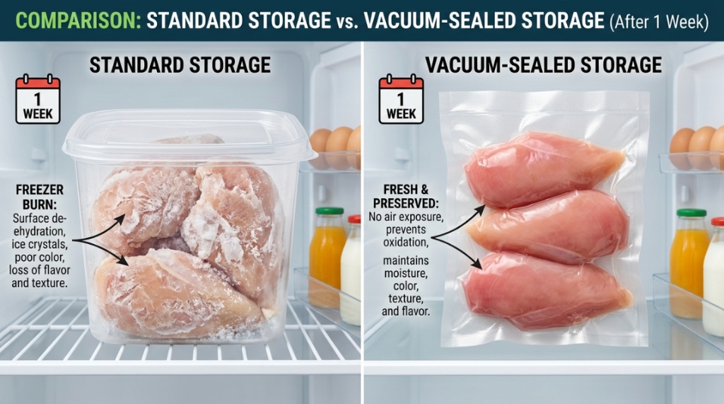 Clear plastic bags of sealed fresh vegetables and meats organized in a refrigerator drawer.
