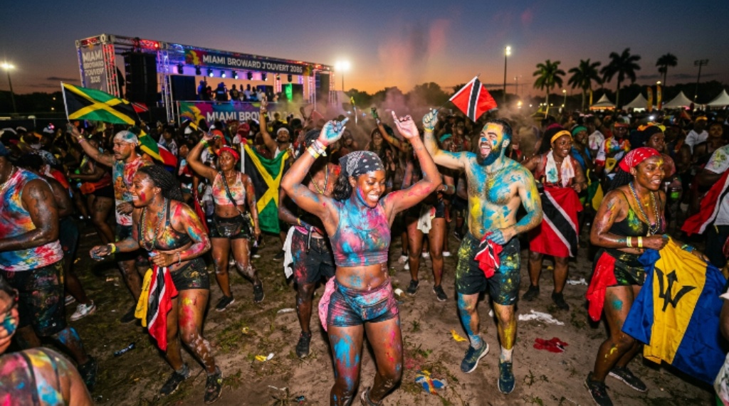 Revelers covered in paint and powder dancing at J'ouvert before sunrise at Central Broward Park during Miami Broward Carnival 2026 in Lauderhill, Florida