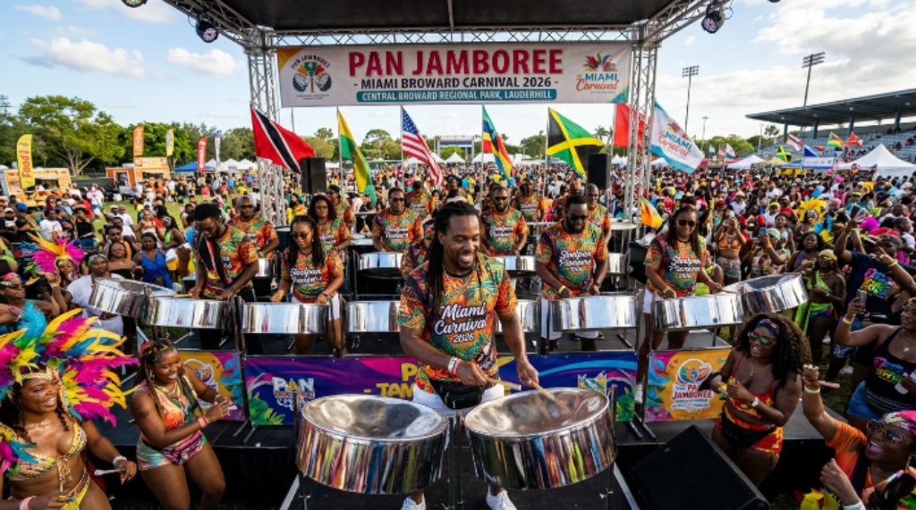Steelpan musicians performing at the Pan Jamboree during Miami Broward Carnival 2026 at Central Broward Regional Park in Lauderhill