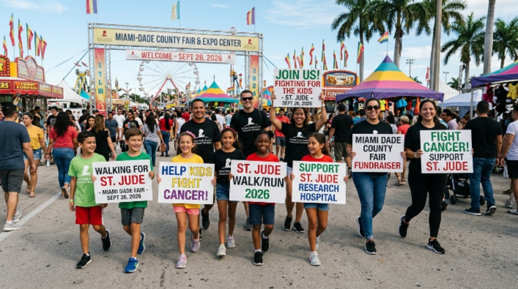 Children and parents holding St. Jude fundraising signs and walking together at the Miami Dade County Fair and Expo Center on September 26, 2026