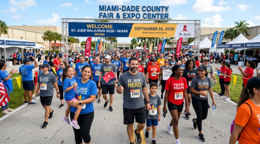 Families and individuals wearing St. Jude Walk gear at the 2026 Miami walk event at the Miami Dade County Fair and Expo Center on September 26