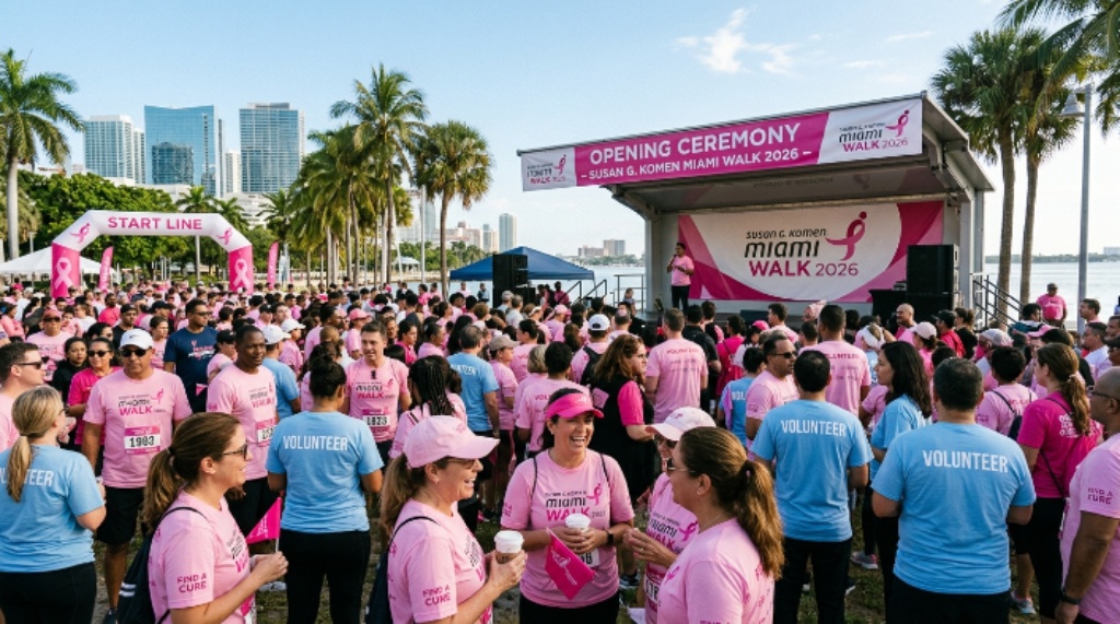 A crowd of participants and volunteers gathering at the Opening Ceremony during the Susan G. Komen Miami Walk 2026 on a sunny October morning in Miami, Florida