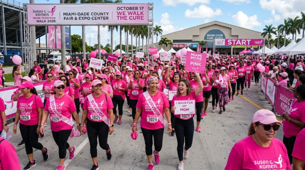 Breast cancer survivors and supporters walking together in pink at the Susan G. Komen Miami MORE THAN PINK Walk 2026 at the Miami-Dade County Fair and Expo Center on October 17