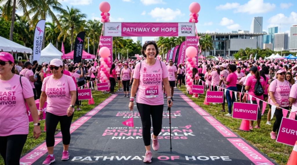 Breast cancer survivor wearing a pink Susan G. Komen event shirt walking the Pathway of Hope at the 2026 MORE THAN PINK Walk in Miami, Florida