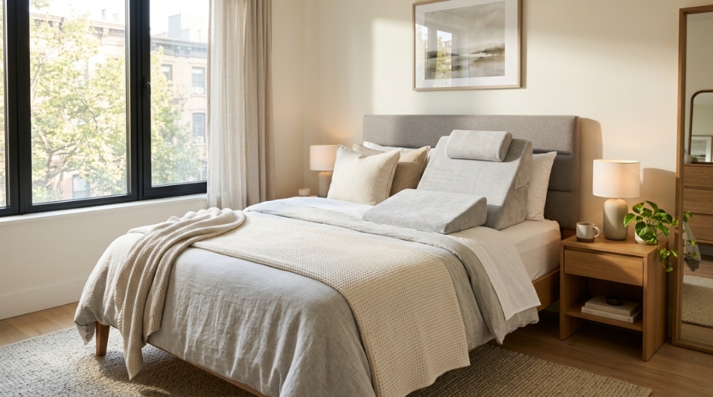 Ergonomic adjustable wedge pillow arranged on a modern bed in a bright bedroom.