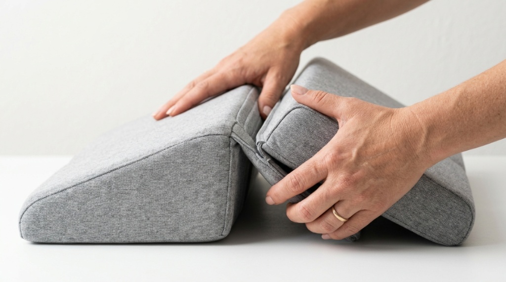 Hands adjusting the folding sections of a memory foam wedge pillow.