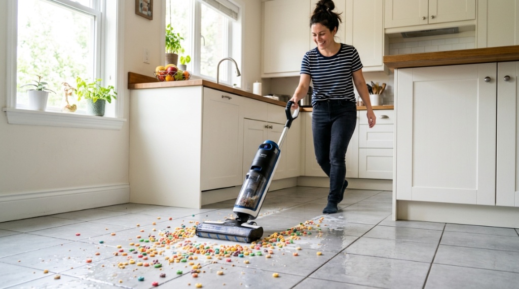 Person using a wet dry vacuum to clean a kitchen floor.